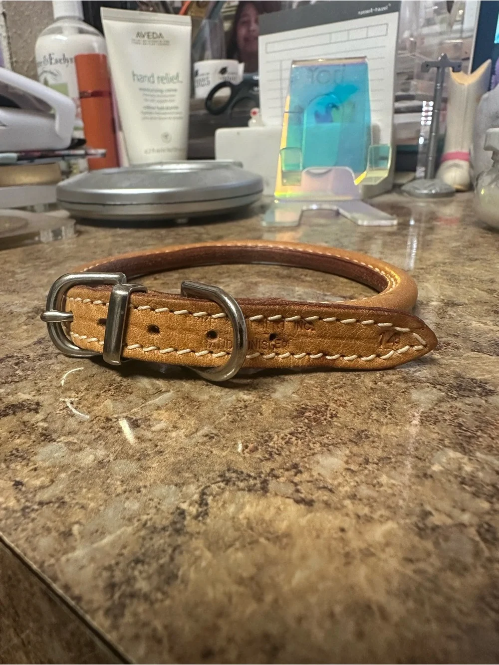 Round Buckle Dog Collar in Tan Leather